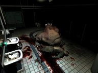 It starts tearing the dead boady  lying on the floor and spit blood and guts all over the place